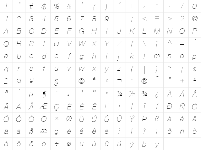 Helvetica Neue Ultra Light Italic Character Map