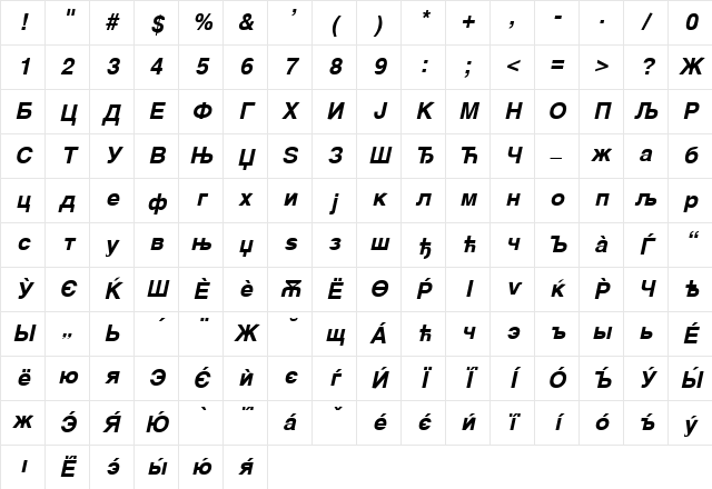 Helvetica Cirilica BoldItalic Character Map