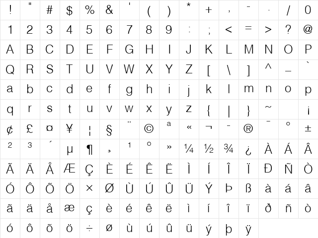 Helvetica Light Regular Character Map