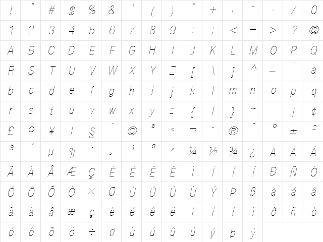 Helvetica Neue LT Com 27 Ultra Light Condensed Oblique Character Map