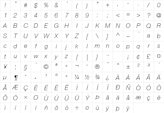 Helvetica Neue LT Com 36 Thin Italic Character Map Helvetica Neue LT Com 36 Thin Italic Character Map