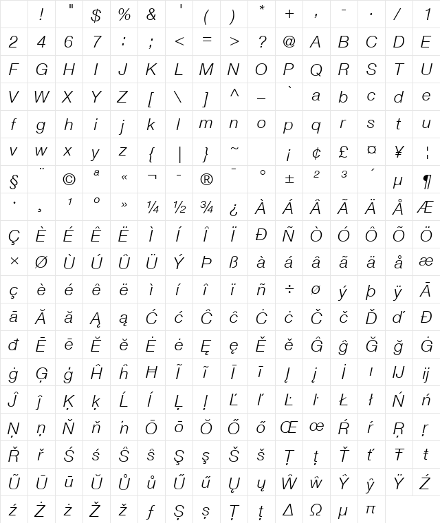 Helvetica Neue LT Com 46 Light Italic Character Map Helvetica Neue LT Com 46 Light Italic Character Map