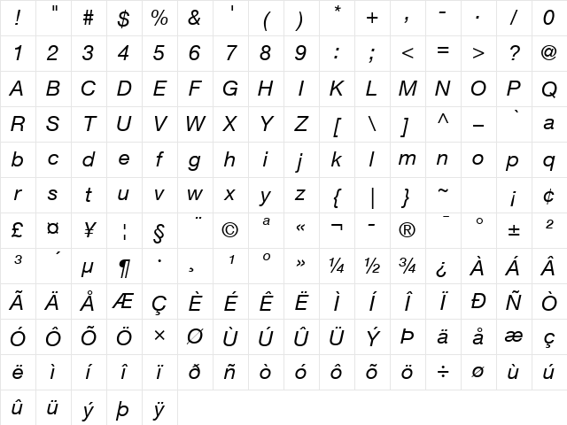 Helvetica Neue LT Com 56 Italic Character Map