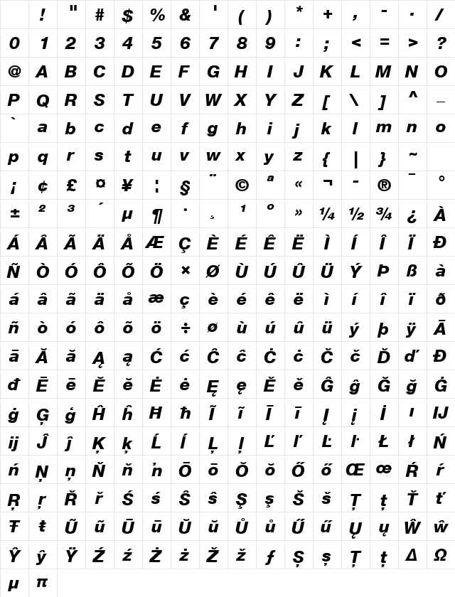 Helvetica Neue LT Com 86 Heavy Italic Character Map