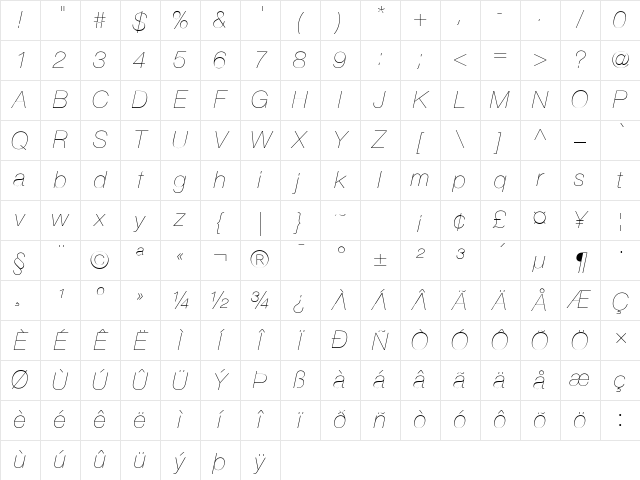 Helvetica Neue UltraLight Italic Character Map Helvetica Neue UltraLight Italic Character Map
