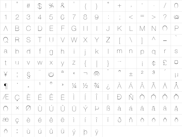 Helvetica Neue UltraLight Character Map