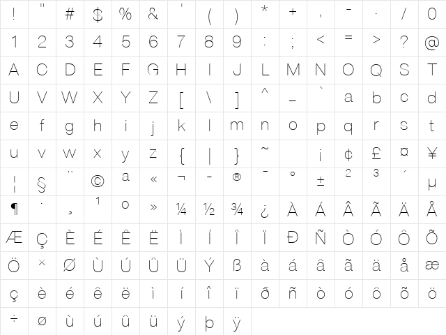 ExtraLight Regular Character Map