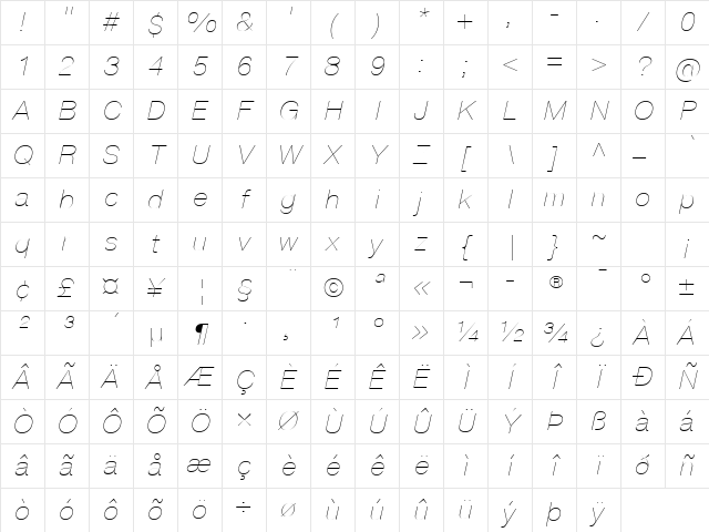 ExtraLight Italic Character Map