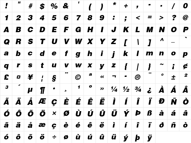 Helvetica Black Oblique Character Map
