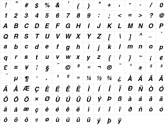 Helvetica Bold Oblique Character Map