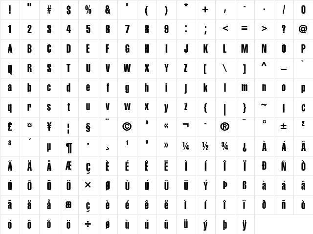 Helvetica Extra Compressed Character Map