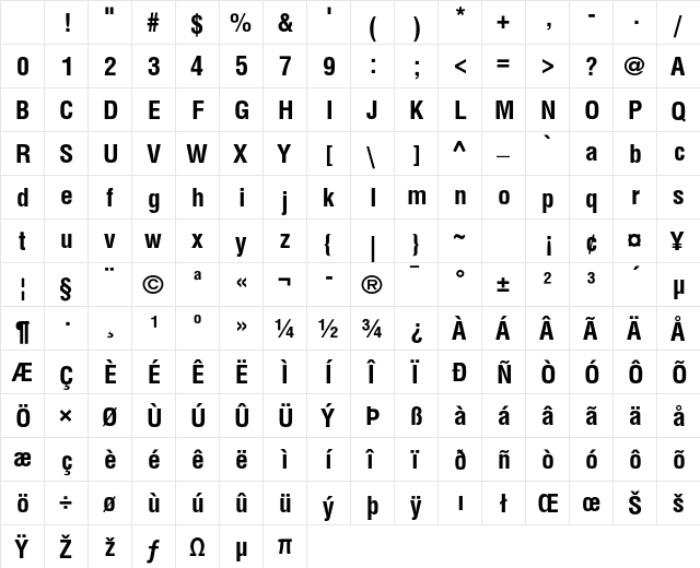 Helvetica LT Std Bold Condensed Character Map