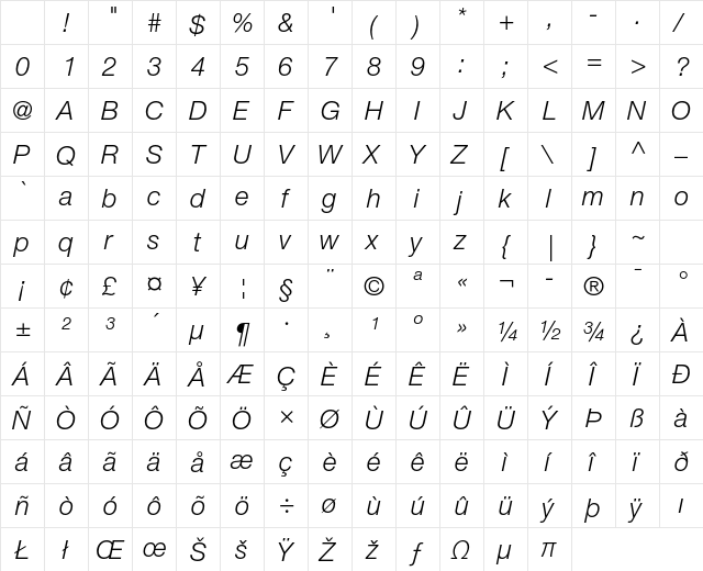 Helvetica Neue LT Std 46 Light Italic Character Map Helvetica Neue LT Std 46 Light Italic Character Map