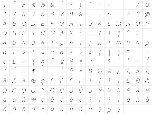 ExtraLight Italic Character Map