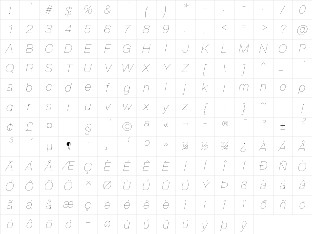 Thin Italic Character Map Thin Italic Character Map