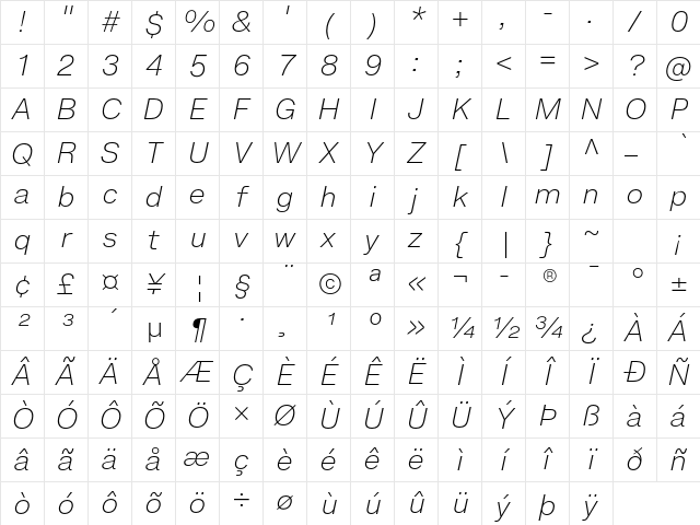 ExtraLight Italic Character Map