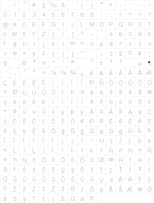 ExtraLight Regular Character Map ExtraLight Regular Character Map
