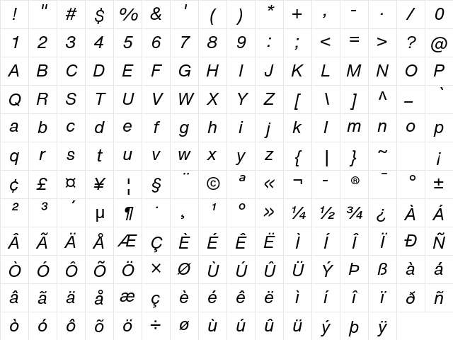 Regular Italic Character Map