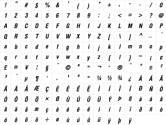 Helvetica Rounded Bold Condensed Oblique Character Map