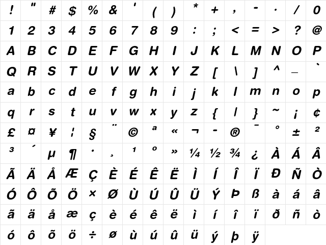 Helvetica Rounded Bold Oblique Character Map