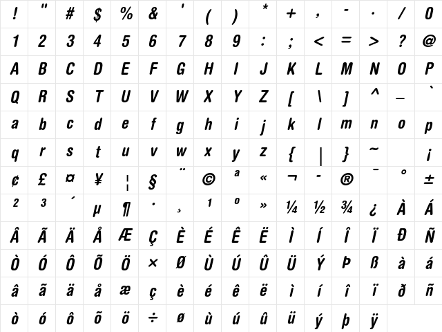 Helvetica Rounded LT Std Bold Condensed Oblique Character Map