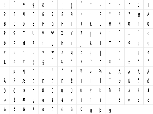 Hezia Extra-condensed Regular Character Map