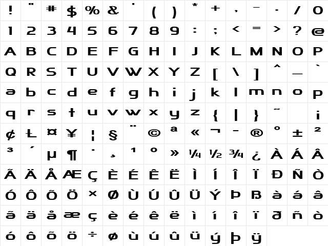 Hezia Extra-expanded Bold Character Map