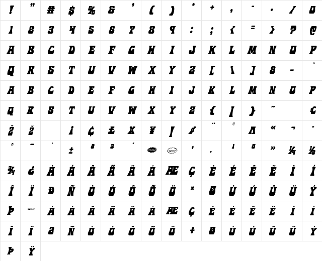 Hip Pocket Condensed Italic Condensed Italic Character Map