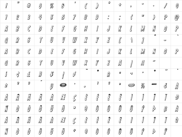 Hitchblock 3D Italic Italic Character Map