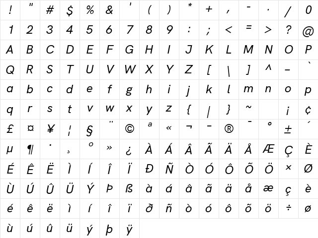 HK Grotesk Medium Italic Character Map