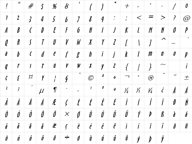 Hobby Italic Character Map