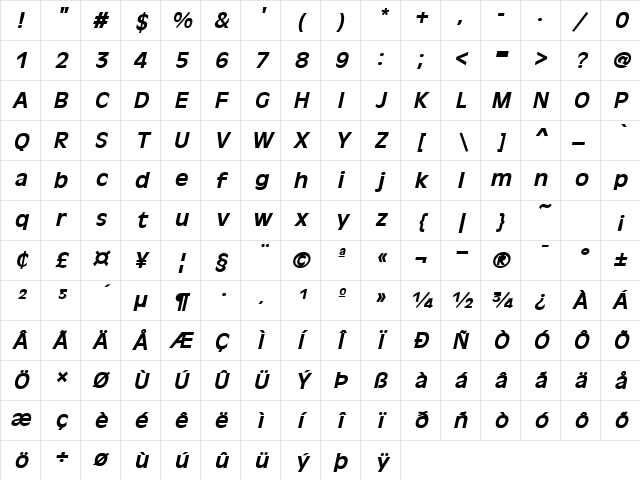 Holland Bold Character Map