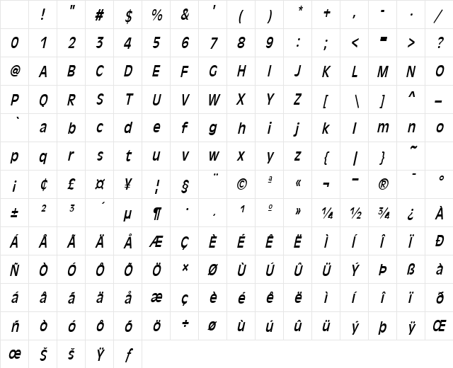 Holland-Condensed Italic Character Map Holland-Condensed Italic Character Map