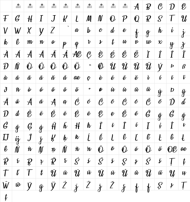 Honeymoon Regular Character Map Honeymoon Regular Character Map
