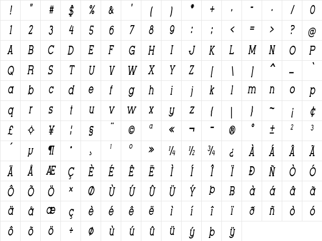 Horace Condensed Italic Character Map