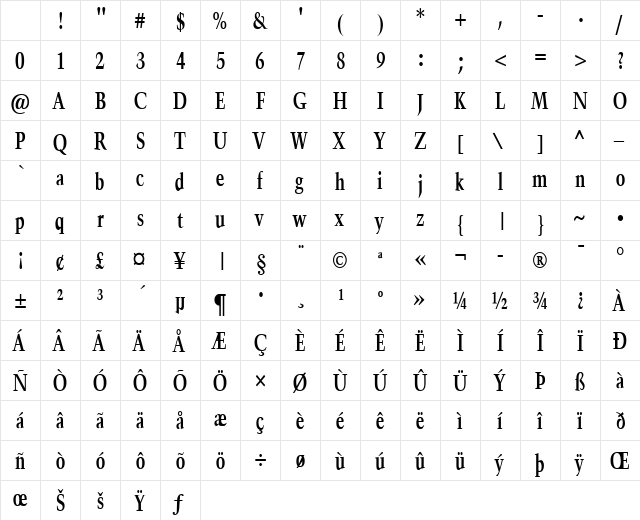 Horn-Condensed Bold Character Map Horn-Condensed Bold Character Map