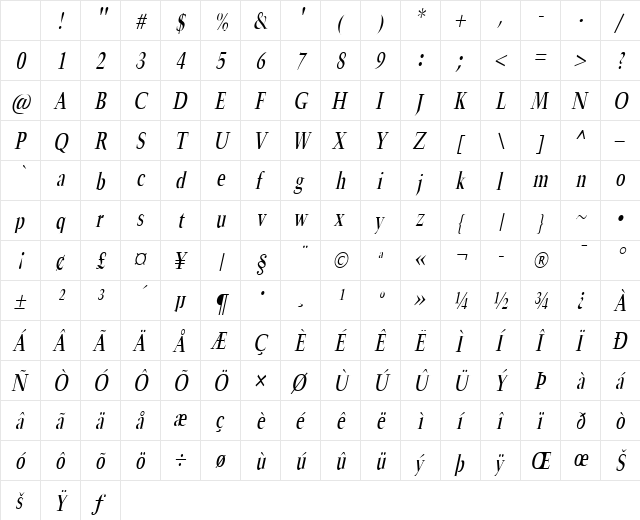 Horn-Condensed Italic Character Map Horn-Condensed Italic Character Map