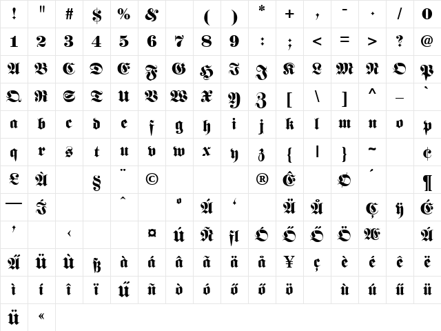 Hu_Fette Regular Character Map