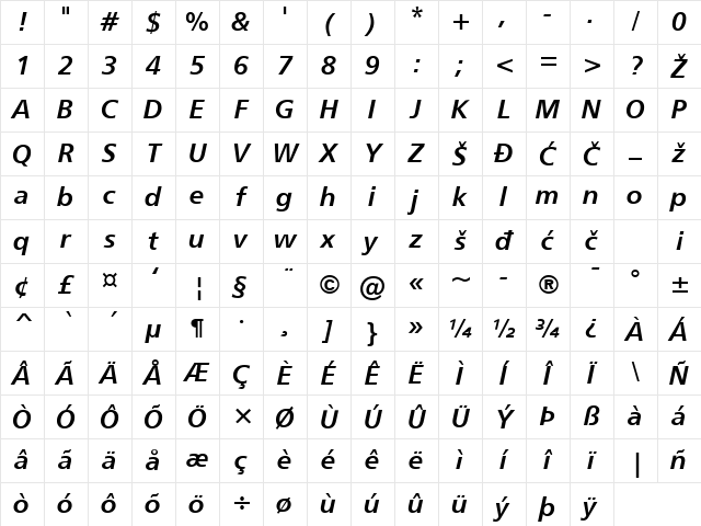 Humanist777 Bold Italic Character Map