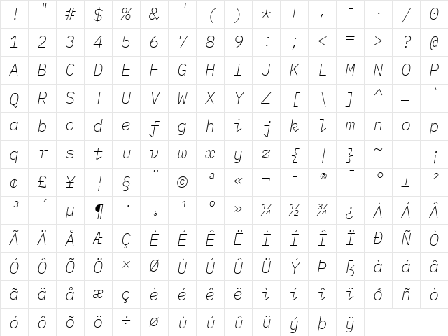 IBM Plex Mono ExtraLight Italic Character Map