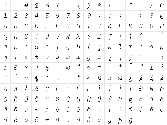 IBM Plex Mono Light Italic Character Map