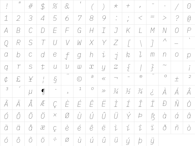 IBM Plex Mono Thin Italic Character Map