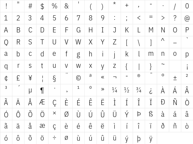 IBM Plex Sans Condensed Light Regular Character Map