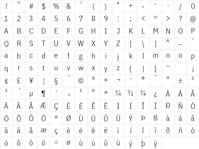 IBM Plex Sans Condensed Light Regular Character Map