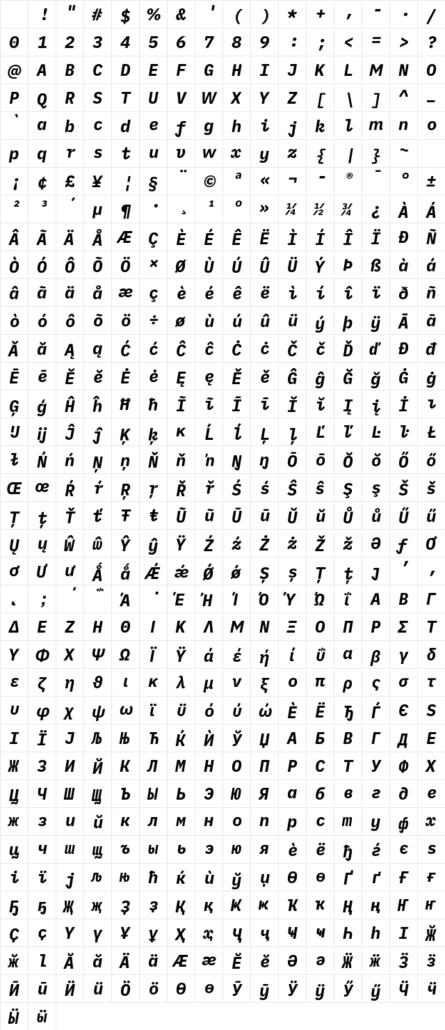 iMWritingDuospace Nerd Font Italic Character Map