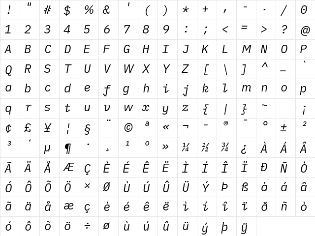 iMWritingDuospace NF Italic Character Map