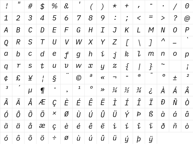 iMWritingDuospace NF Italic Character Map