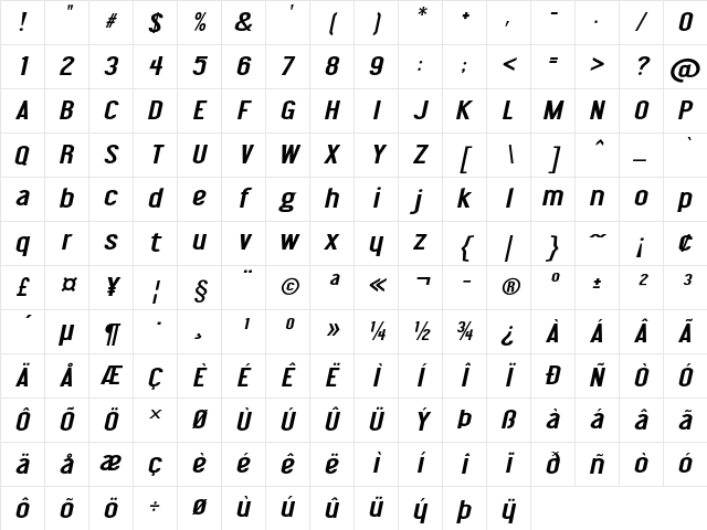 Impasto Bold Italic Character Map