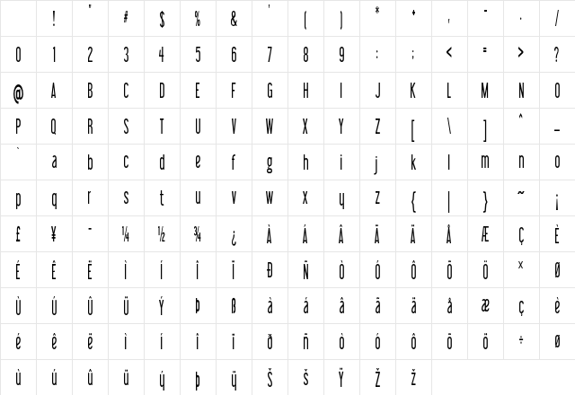 Impasto Light Extra-condensed Bold Character Map