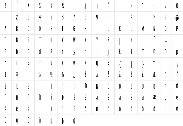Impasto Light Extra-condensed Regular Character Map